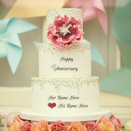 Write Name On  Happy Anniversary Cake With Flowers