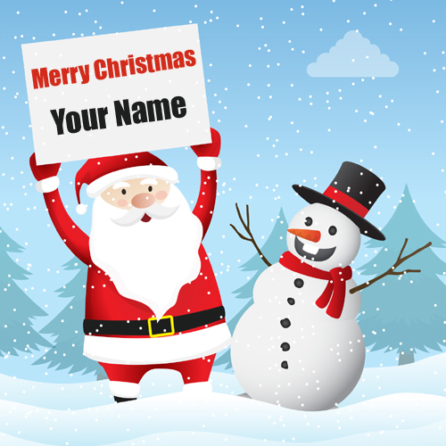 Santa Claus Snowman Merry Christmas Wishes Pic With Nam