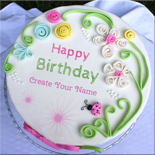 Write Your Name On Happy Birthday Flower Cake