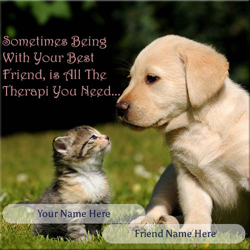Write Name On Cute Dog And Cat Friendship Picture